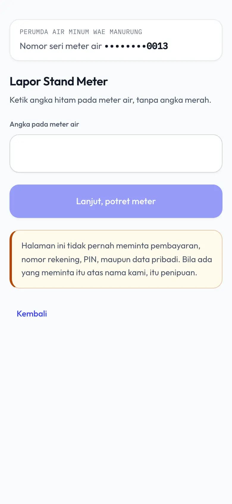 Halaman lapor stand meter untuk pelanggan, dibuka dari QR di meter air.