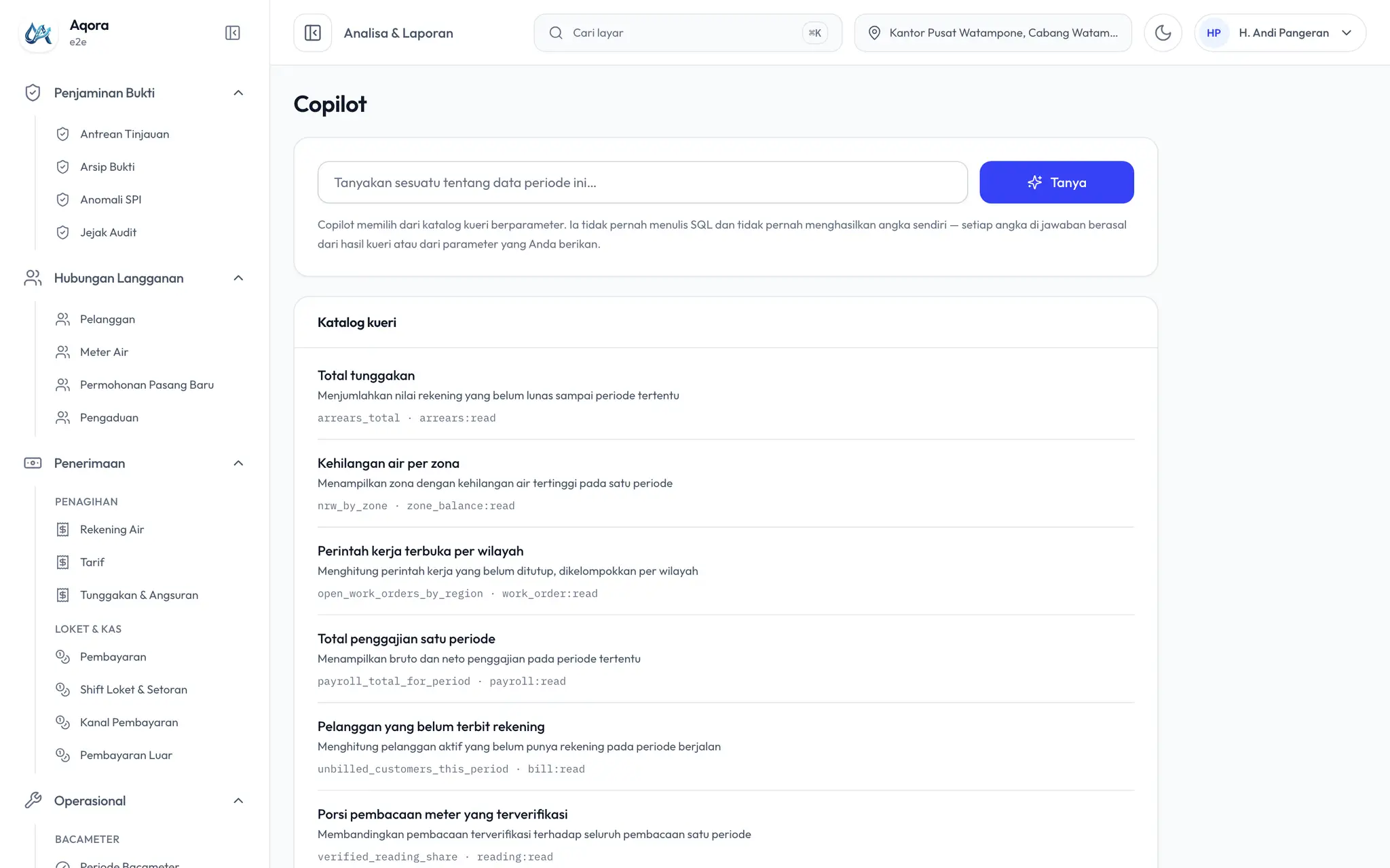 Layar Copilot dengan kolom pertanyaan dan katalog kueri yang boleh dipilih model.