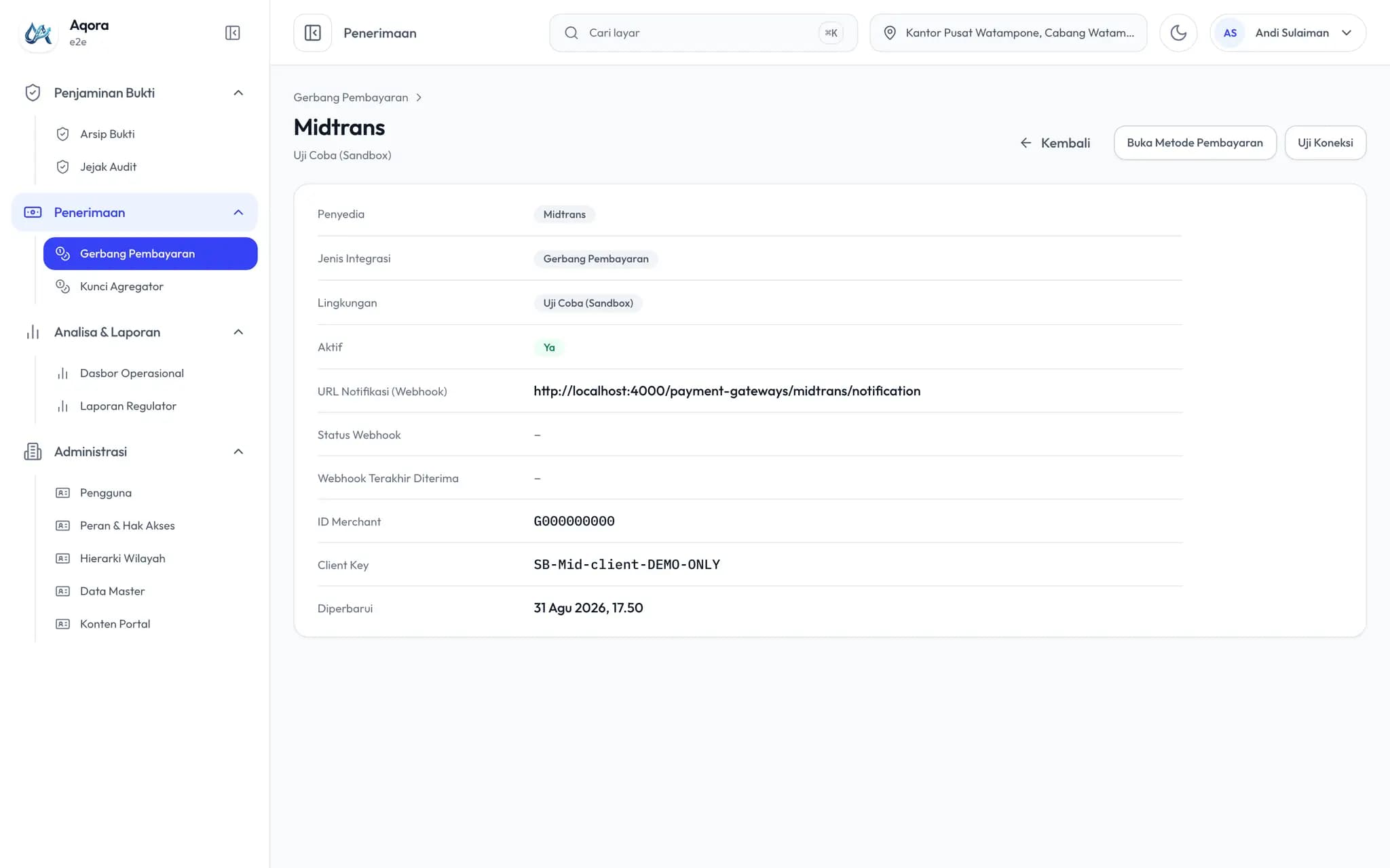 Rincian integrasi Midtrans beserta URL notifikasi, status webhook, dan tombol uji koneksi.