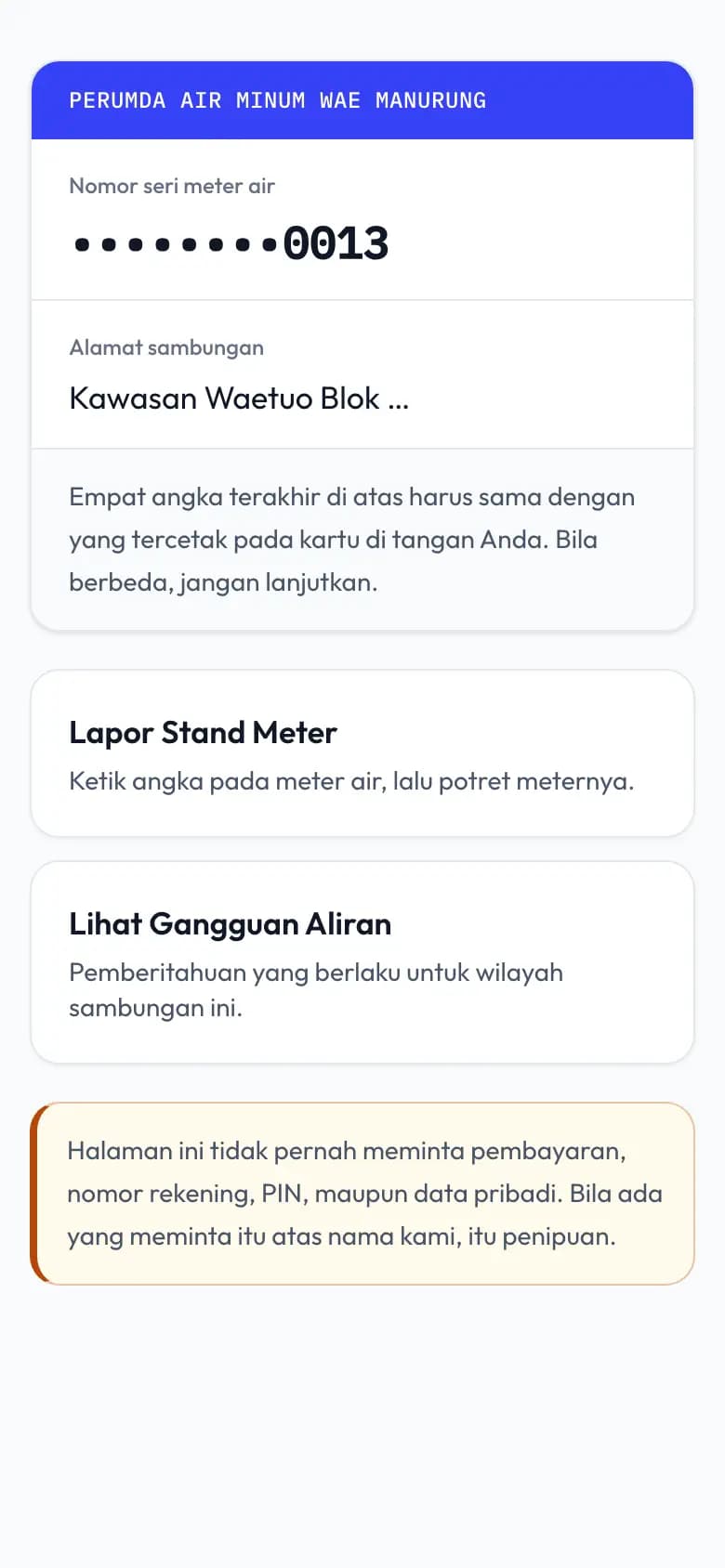 Kartu sambungan pelanggan yang terbuka setelah memindai QR di meter air.