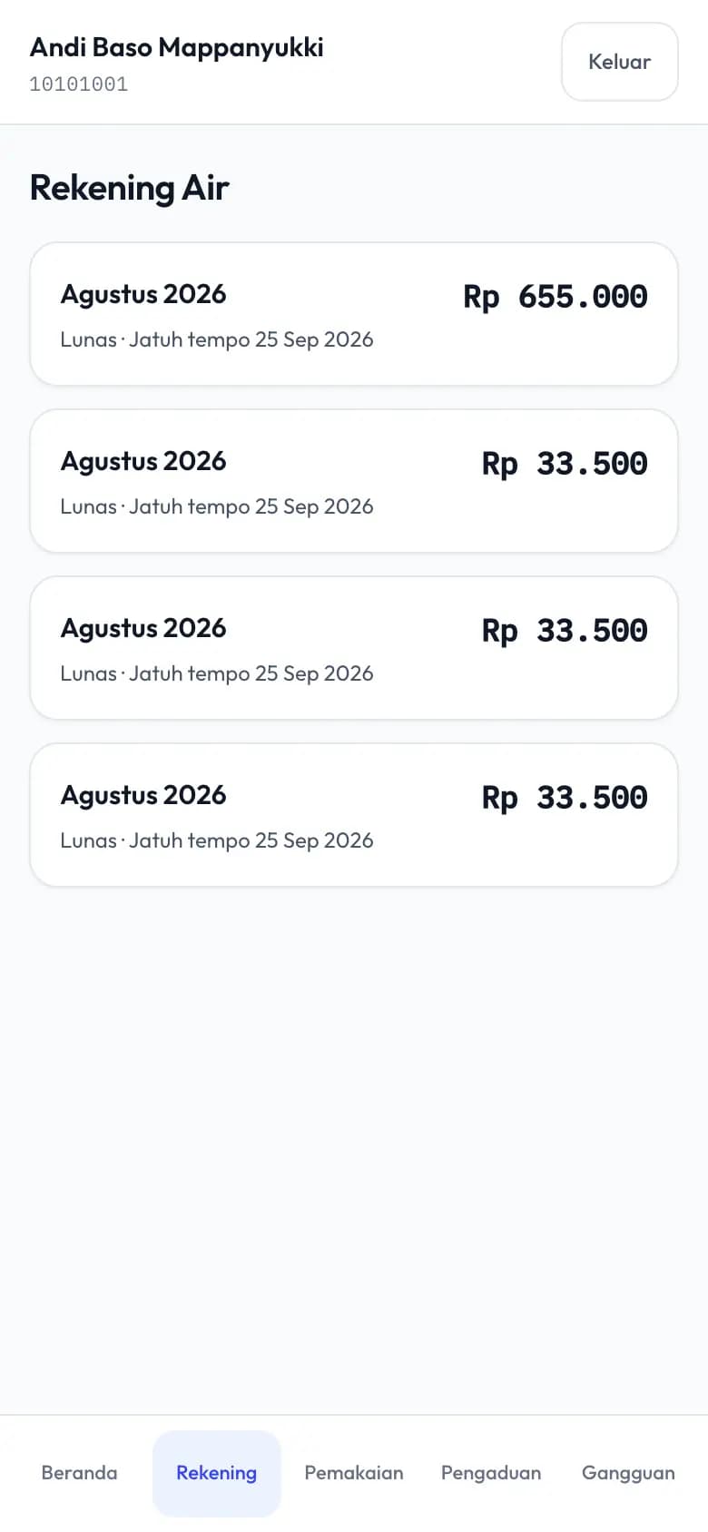Riwayat rekening pelanggan beserta status pembayaran tiap periode.