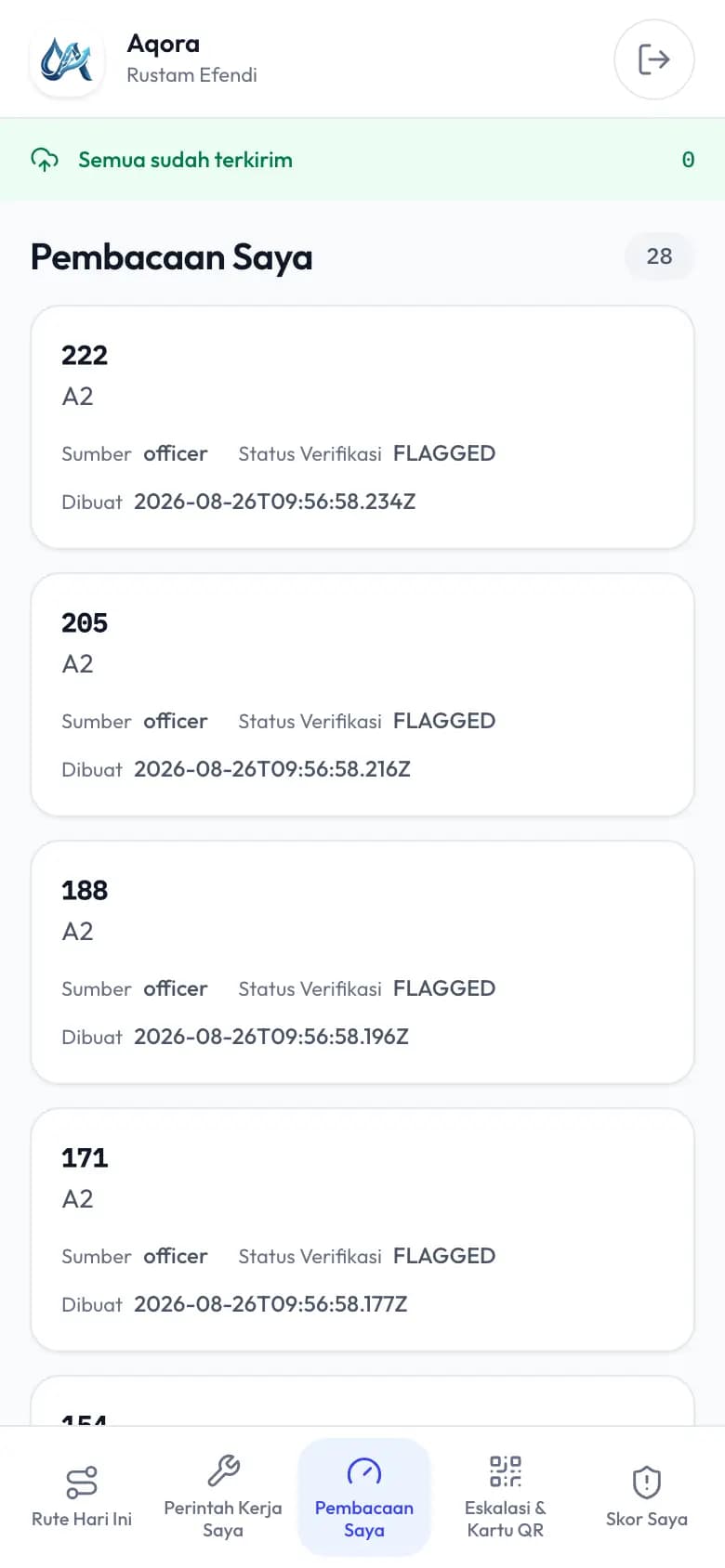 Daftar pembacaan yang sudah dikirim petugas bacameter dari ponselnya.