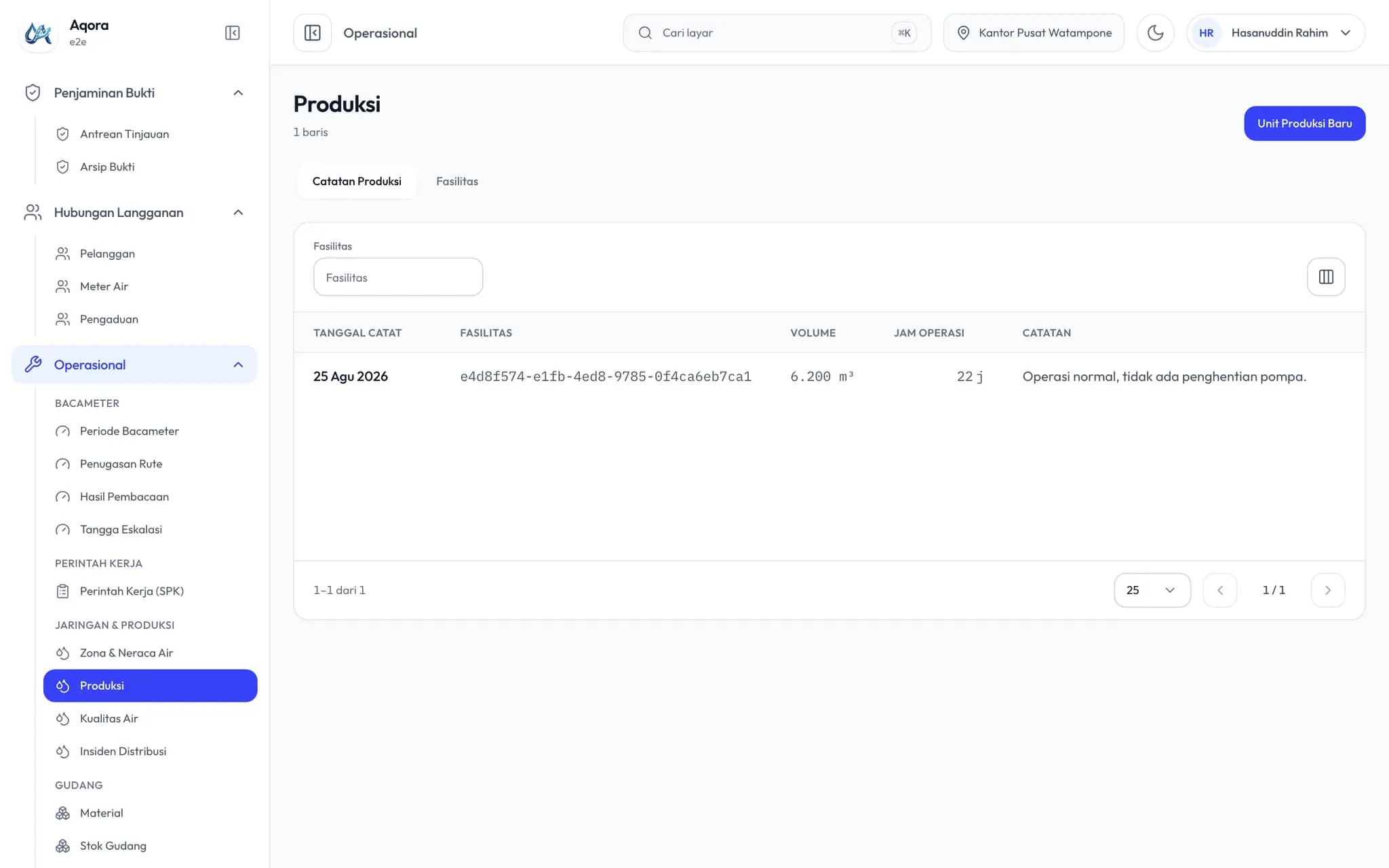 Layar Produksi berisi catatan volume dan jam operasi instalasi pengolahan air.