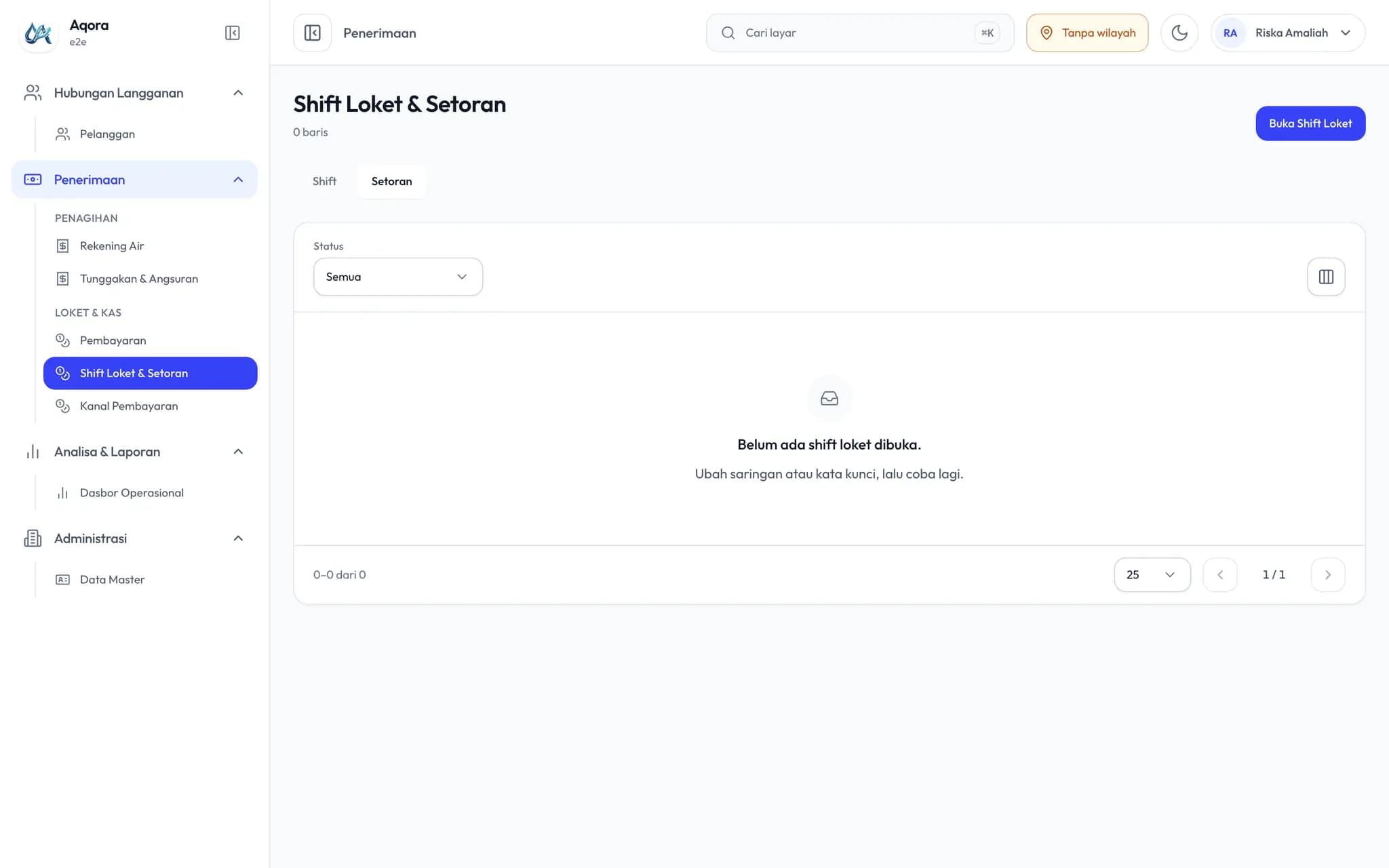 Tampilan setoran pada layar shift loket, memisahkan uang yang sudah disetor ke bank.