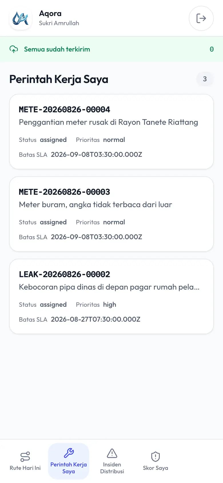 Perintah Kerja Saya di ponsel teknisi, berisi SPK yang ditugaskan kepadanya.